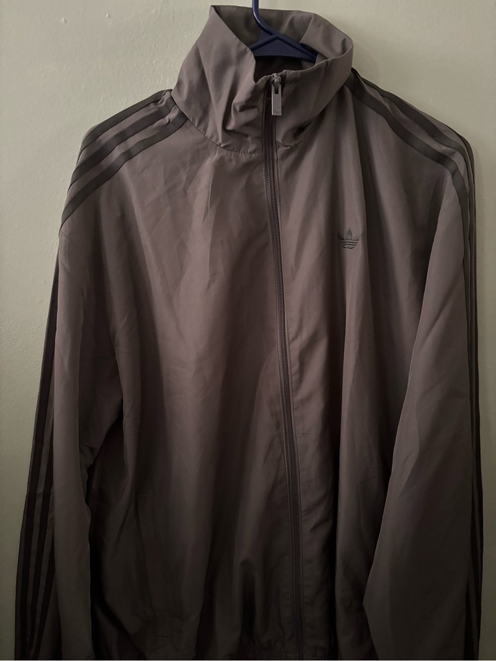 adidas Men's Gray Taupe Full-Zip Windbreaker with Three Stripes